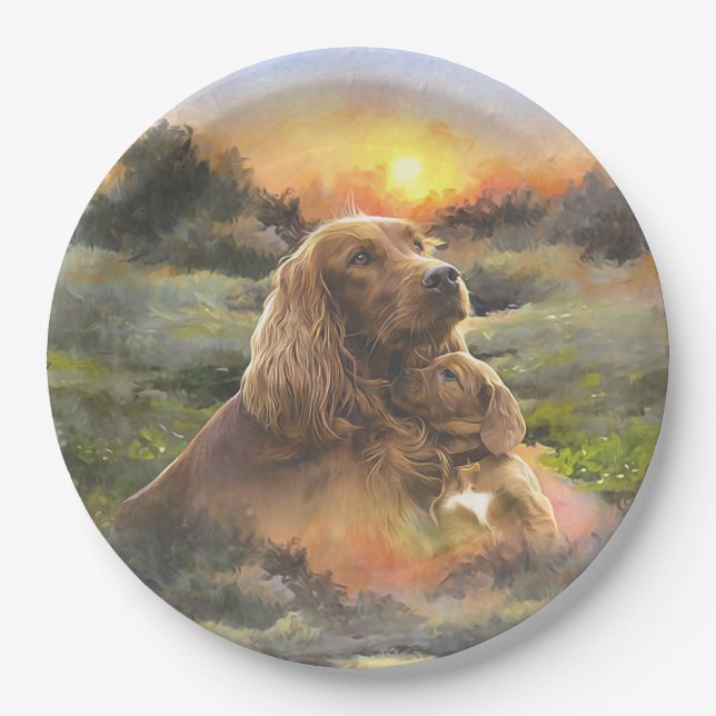 Irish setter with puppy paper plates (Front)