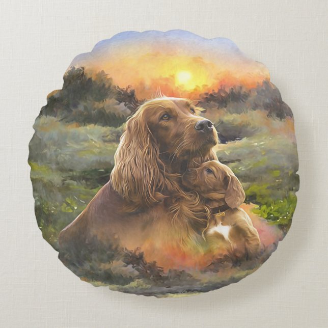 Irish setter with puppy round pillow (Front)