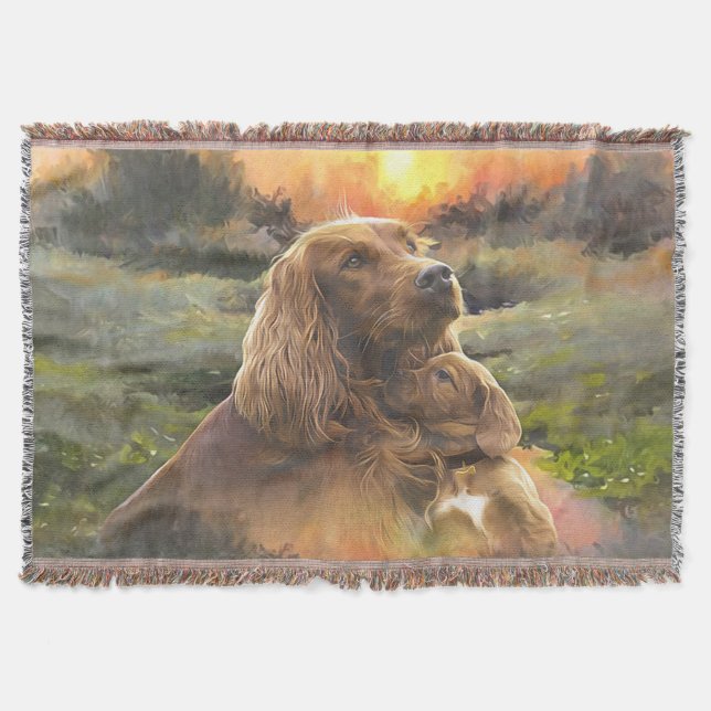 Irish setter with puppy throw blanket (Front)