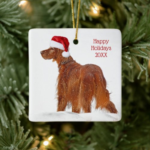 Irish Setter With Santa Claus Hat Ceramic Ornament