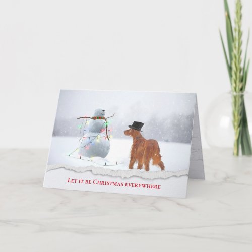 Irish Setter With Snowman Holiday Card