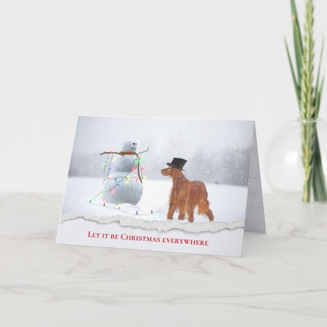Irish Setter With Snowman Holiday Card (Front)