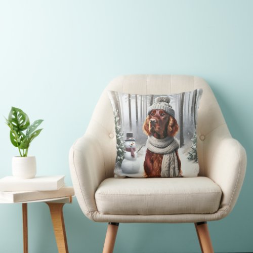 Irish Setter With Snowman Throw Pillow