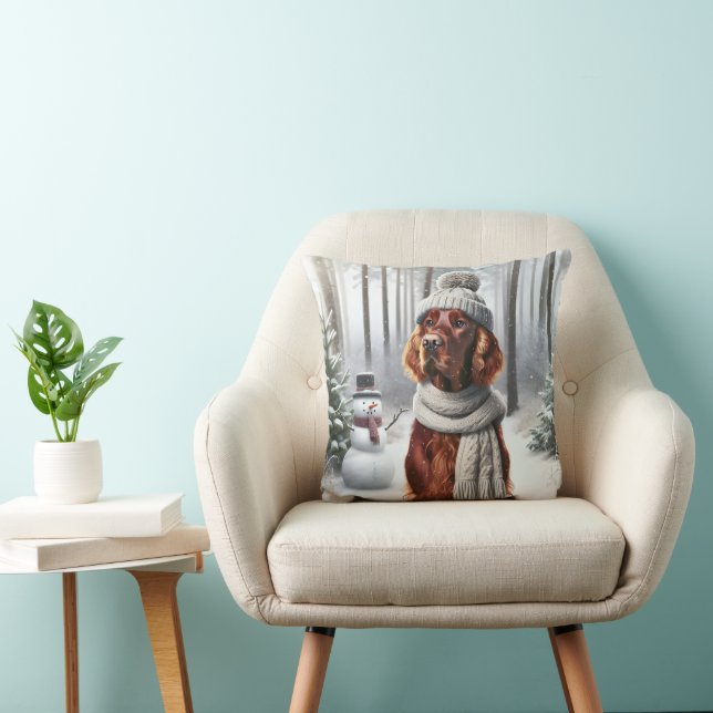 Irish Setter With Snowman Throw Pillow (Chair)