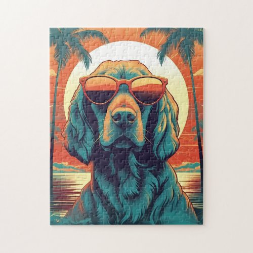 Irish Setter with sunglasses at the beach Jigsaw Puzzle