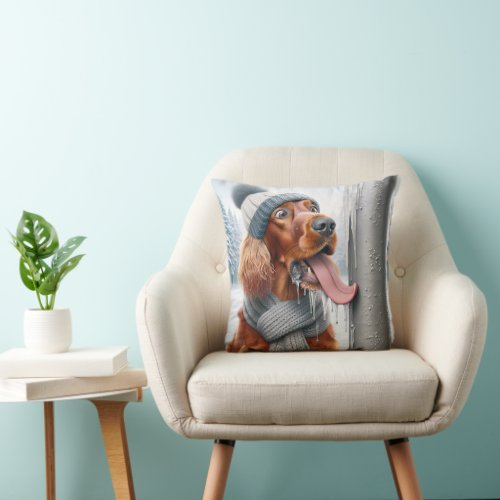 Irish Setter With Tongue On Frozen Pole Throw Pillow