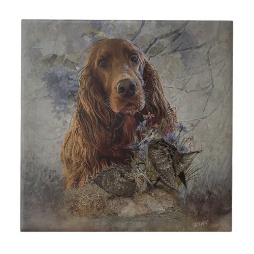 Irish setter with woodcock      ceramic tile