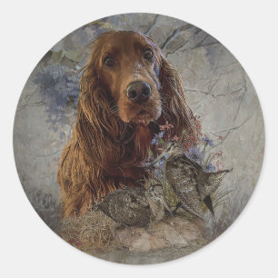 Irish setter with woodcock classic round sticker