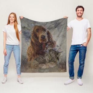Irish setter with woodcock fleece blanket