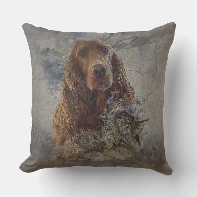 Irish setter with woodcock          outdoor pillow (Front)