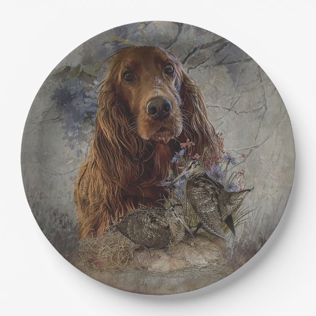 Irish setter with woodcock   paper plates (Front)