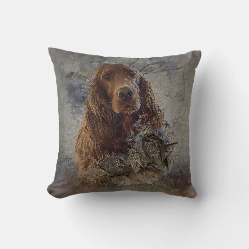 Irish setter with woodcock          throw pillow