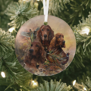 Irish Setters with Pheasants - Passion Hunt Glass Ornament