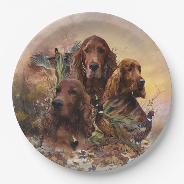  Irish Setters with Pheasants - Passion Hunt Paper Plates (Front)