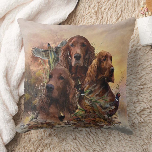  Irish Setters with Pheasants - Passion Hunt Throw Pillow (Blanket)
