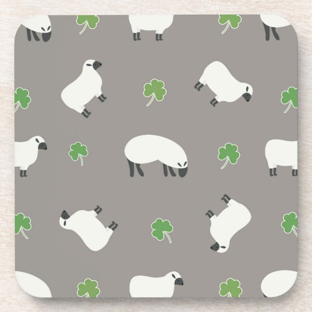 Irish Shamrock and Sheep Pattern Beverage Coaster (Front)
