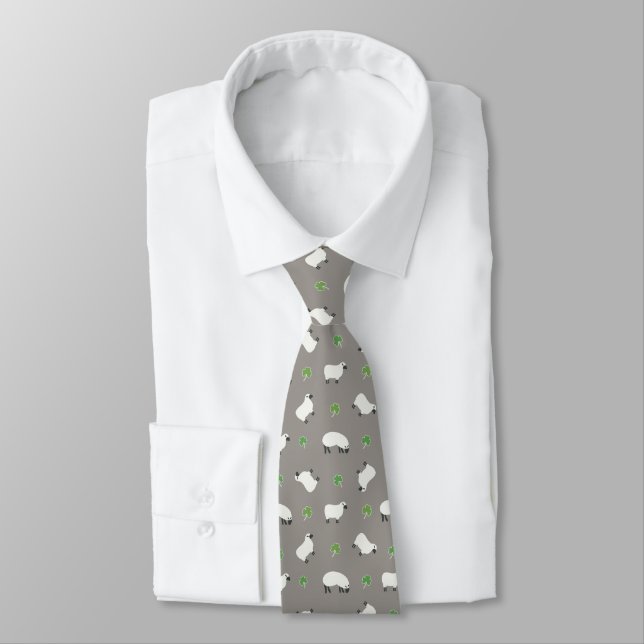 Irish Shamrock and Sheep Pattern Neck Tie (Tied)