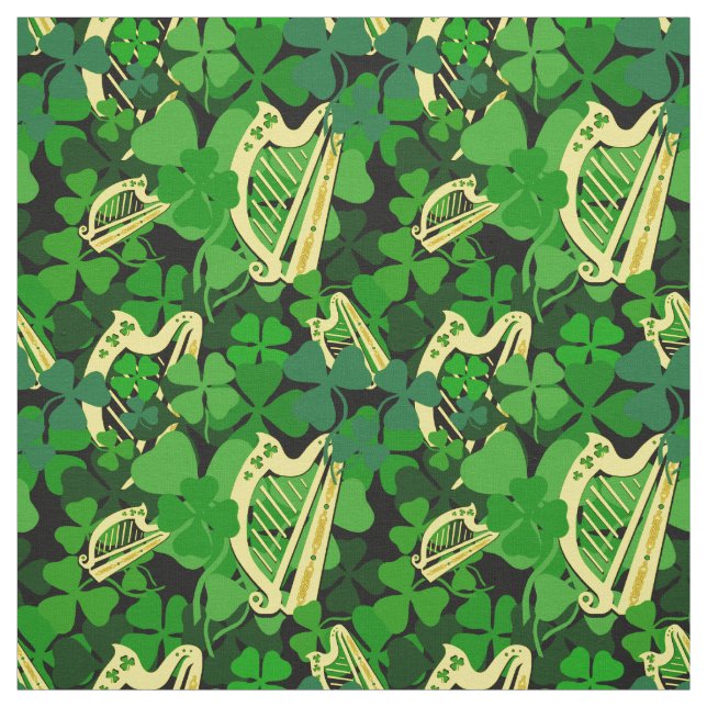 Irish shamrock, black, Irish harp fabric print 7m (Swatch)
