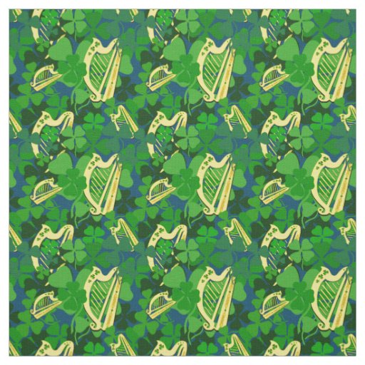 Irish shamrock, black, Irish harp print, blue 7s Fabric