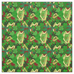 Irish shamrock, black, Irish harp print, red 7s Fabric