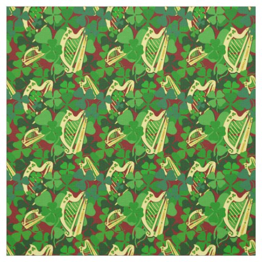Irish shamrock, black, Irish harp print, red 7s Fabric