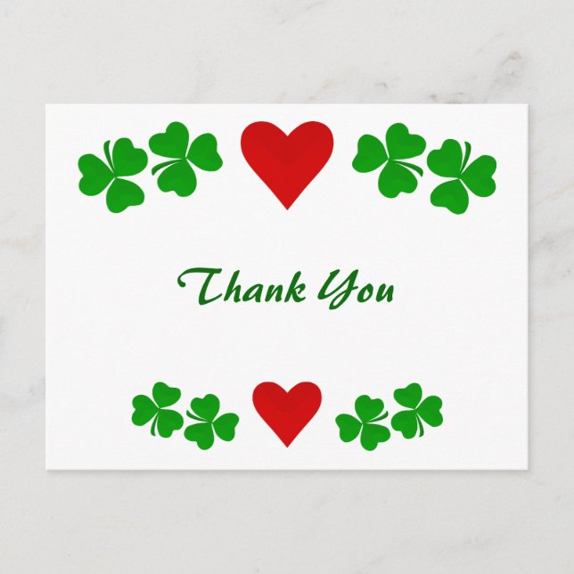 Irish Shamrock border with red heart Thank You Postcard (Front)
