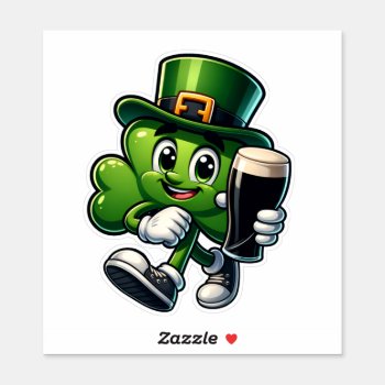 Irish Shamrock Cartoon Character Holding A Pint  Sticker by Stickies at Zazzle
