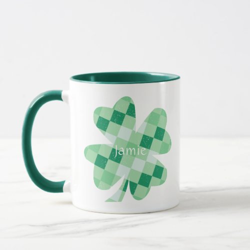 Irish Shamrock Clover Green Checks Name Monogram Mug