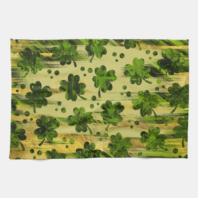 Irish Shamrock -Clover Painted Gold and Green Kitchen Towel (Horizontal)