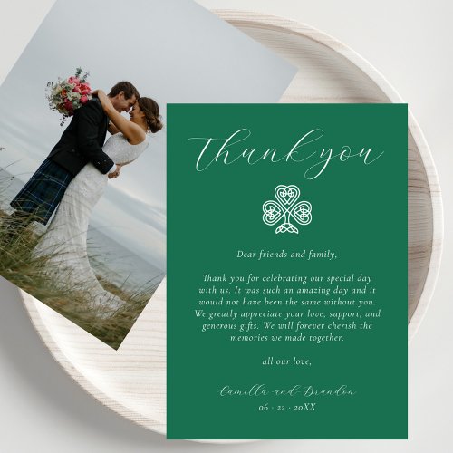 Irish Shamrock Cross Emerald Green Photo Wedding Thank You Card