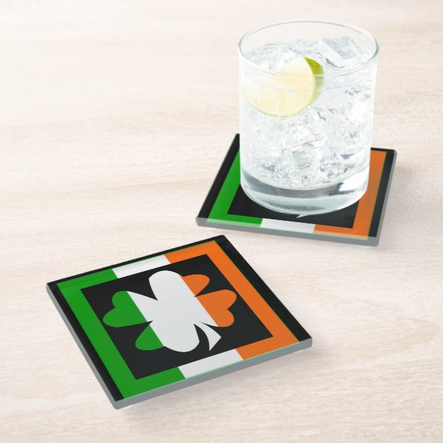 Irish Shamrock Flag Stripe Glass Coaster (Angled)