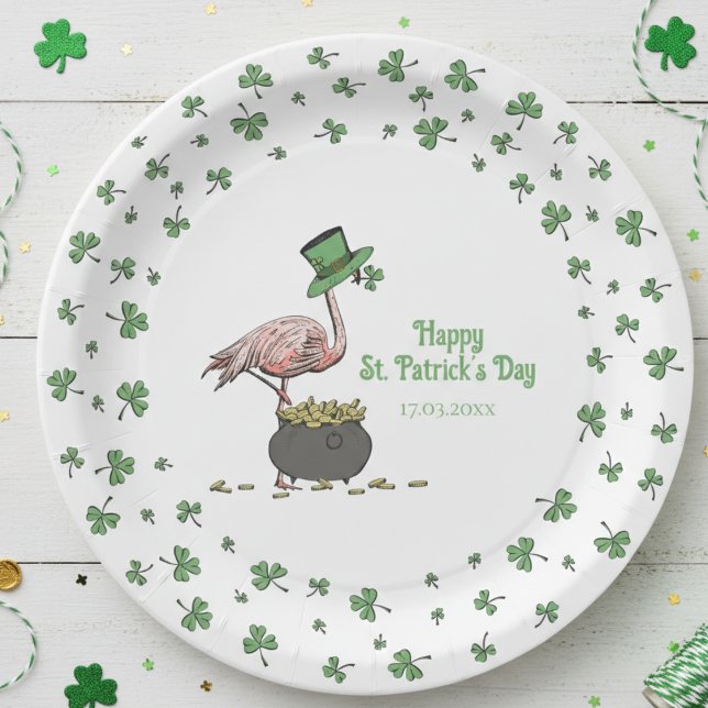 Irish Shamrock Flamingo St. Patrick’s Day Party Paper Plates (Cute Saint Patrick's Day Party Paper Plates. Lucky Green Clover Border with Funny Irish Flamingo)