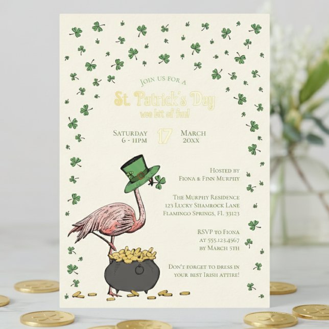 Irish Shamrock Flamingo St Patrick's Day Party Foil Invitation (Elegant ivory Funny Irish Flamingo St Patrick's Day Party Invitations. Lucky Green Shamrock & Coins)