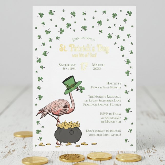Irish Shamrock Flamingo St Patrick's Day Party Foil Invitation (Funny Irish Flamingo St Patrick's Day Party Invitations with Gold Foil. Lucky Green Shamrocks Clover)
