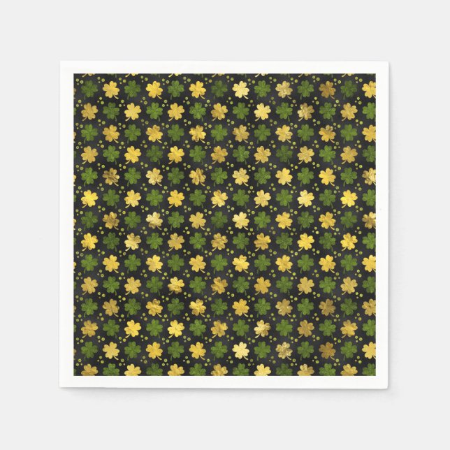 Irish Shamrock Four-leaf clover  Gold black Napkins (Front)