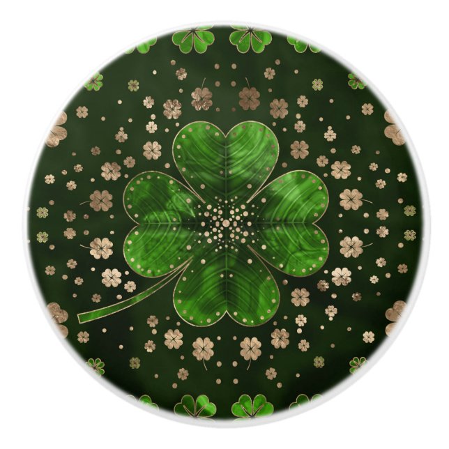 Irish Shamrock Four-leaf clover Malachite and gold Ceramic Knob (Front)