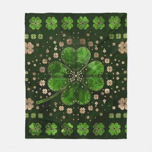 Irish Shamrock Four_leaf clover Malachite and gold Fleece Blanket