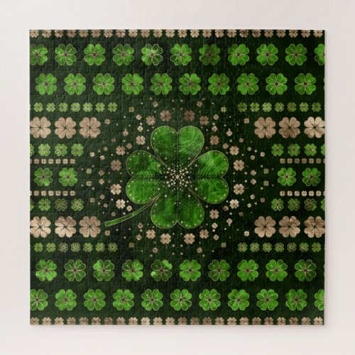 Irish Shamrock Four_leaf clover Malachite and gold Jigsaw Puzzle