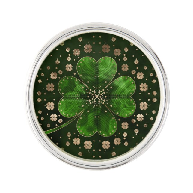 Irish Shamrock Four-leaf clover Malachite and gold Lapel Pin (Front)