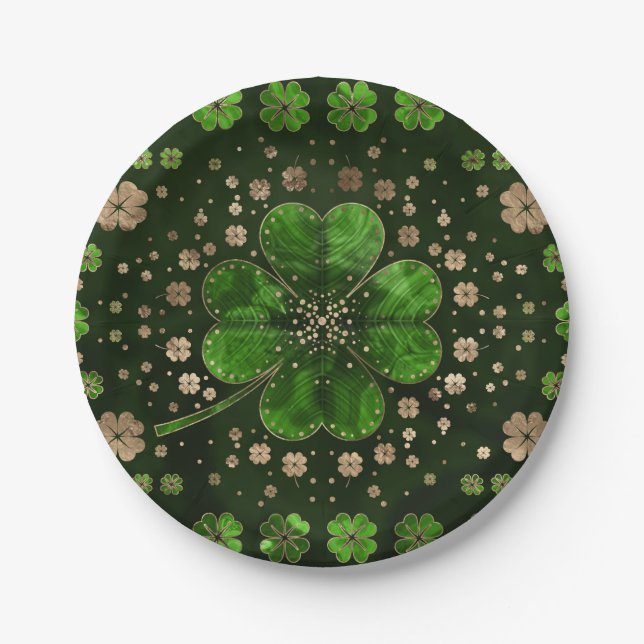 Irish Shamrock Four-leaf clover Malachite and gold Paper Plates (Front)