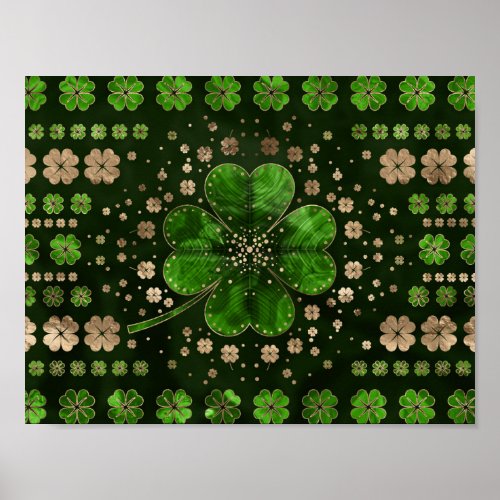 Irish Shamrock Four_leaf clover Malachite and gold Poster