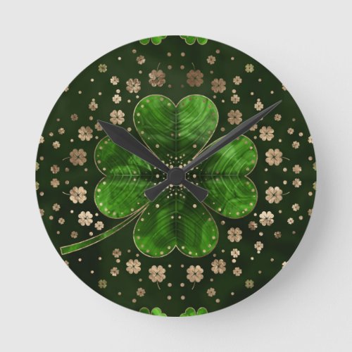 Irish Shamrock Four_leaf clover Malachite and gold Round Clock