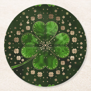 Irish Shamrock Four-leaf clover Malachite and gold Round Paper Coaster