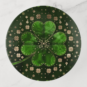 Irish Shamrock Four-leaf clover Malachite and gold Trinket Tray