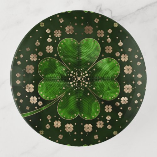 Irish Shamrock Four_leaf clover Malachite and gold Trinket Tray