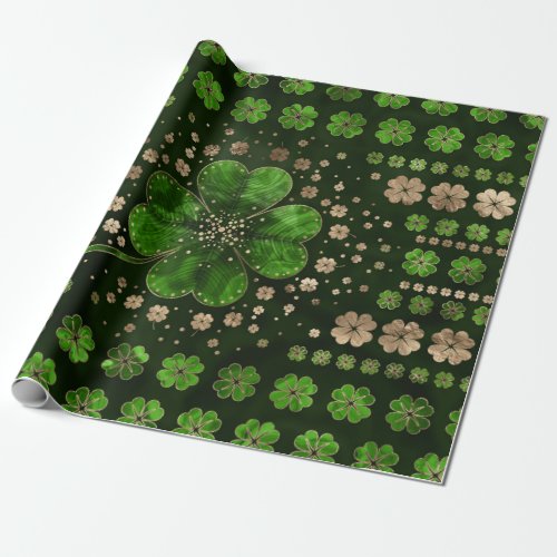 Irish Shamrock Four_leaf clover Malachite and gold Wrapping Paper