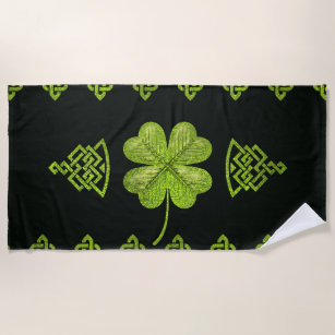 Irish Shamrock Four-leaf clover with celtic decor Beach Towel