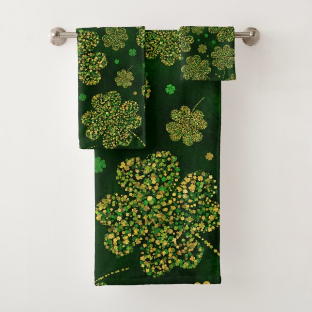 Irish Shamrock Four-leaf Lucky Clover Pattern Bath Towel Set (Insitu)