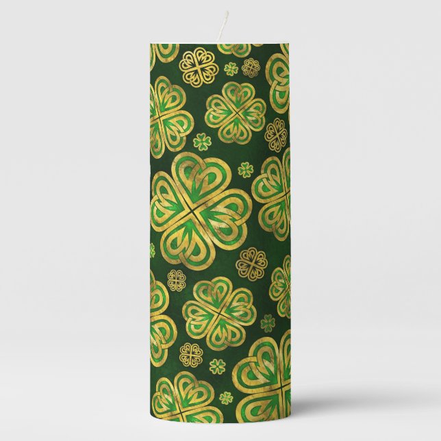 Irish Shamrock Four-leaf Lucky Clover Pattern Pillar Candle (Front)