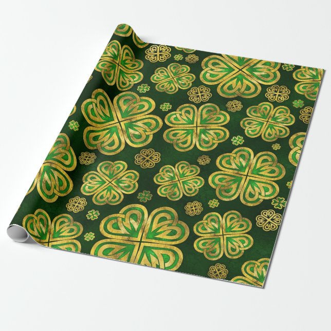 Irish Shamrock Four-leaf Lucky Clover Pattern Wrapping Paper (Unrolled)